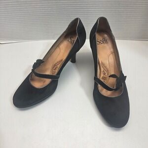 Sofft Womens Black Suede Mary Jane Pumps Floral Bow Mid Heels Size 8M 1015761